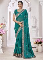 Georgette Teal Wedding Wear Embroidery Work Saree